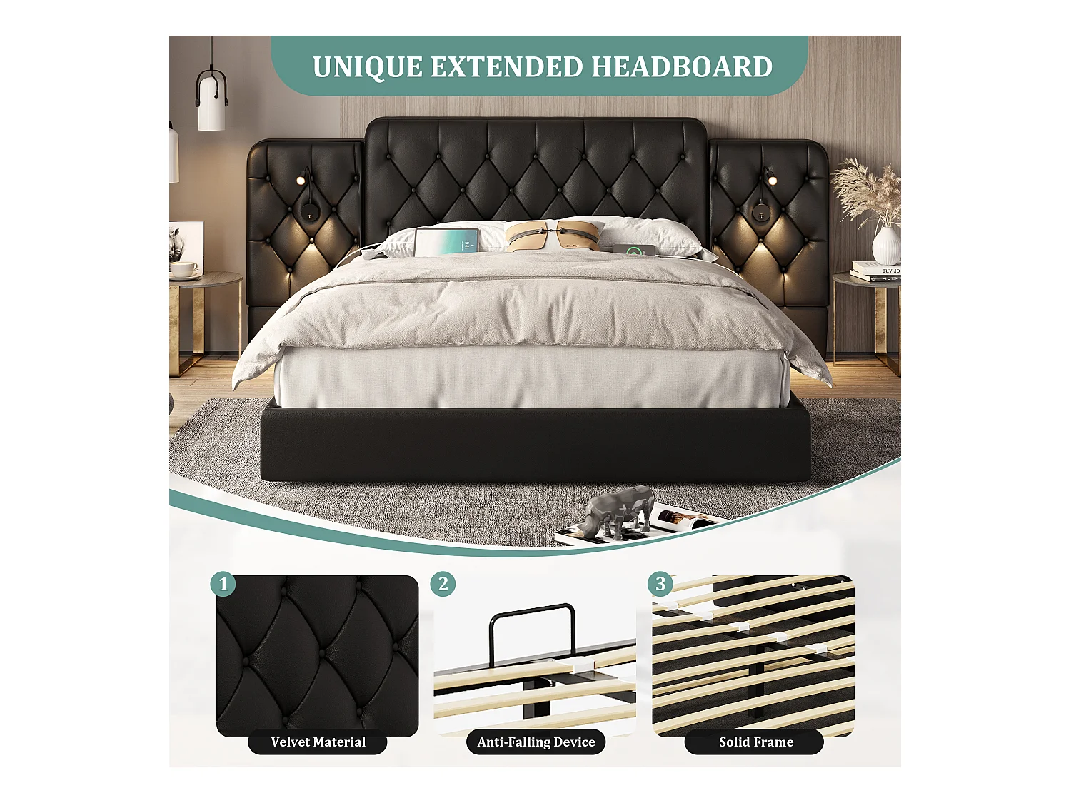 Opbergbed 180x200 cm - Extra groot hoofdeinde van PU-leer - Geïntegreerd nachtlampje + USB-poorten - Stil hydraulisch mechanisme