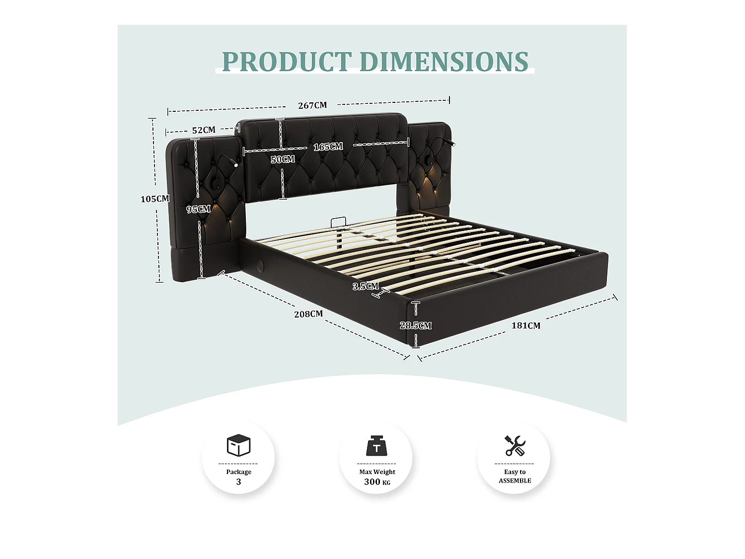 Opbergbed 180x200 cm - Extra groot hoofdeinde van PU-leer - Geïntegreerd nachtlampje + USB-poorten - Stil hydraulisch mechanisme