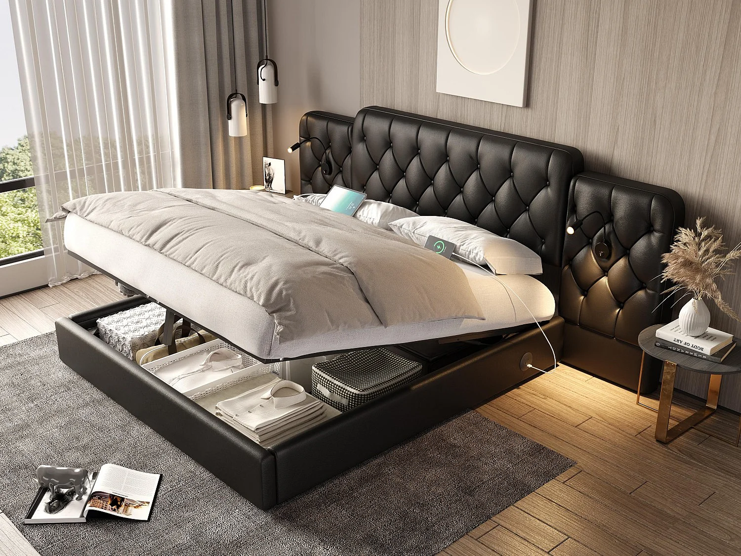 Lit Coffre 180×200 cm en Simili‑Cuir Noir – Tête de Lit Rembourrée Avec Lampe de Chevet + Port USB – Rangement Intégré – Style Contemporain