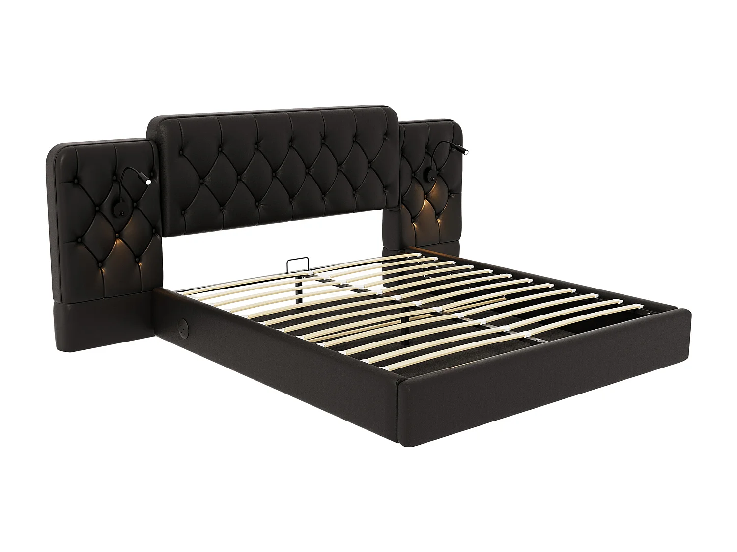 Lit Coffre 180×200 cm en Simili‑Cuir Noir – Tête de Lit Rembourrée Avec Lampe de Chevet + Port USB – Rangement Intégré – Style Contemporain