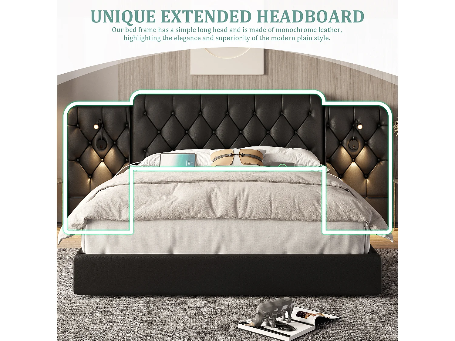 Lit Coffre 180×200 cm en Simili‑Cuir Noir – Tête de Lit Rembourrée Avec Lampe de Chevet + Port USB – Rangement Intégré – Style Contemporain