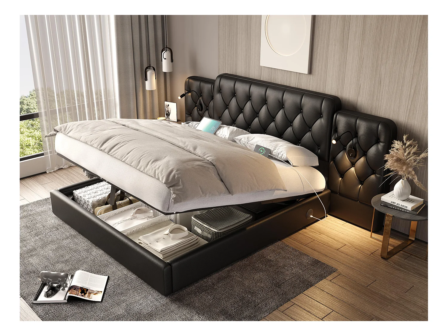 Lit Coffre 180×200 cm en Simili‑Cuir Noir – Tête de Lit Rembourrée Avec Lampe de Chevet + Port USB – Rangement Intégré – Style Contemporain