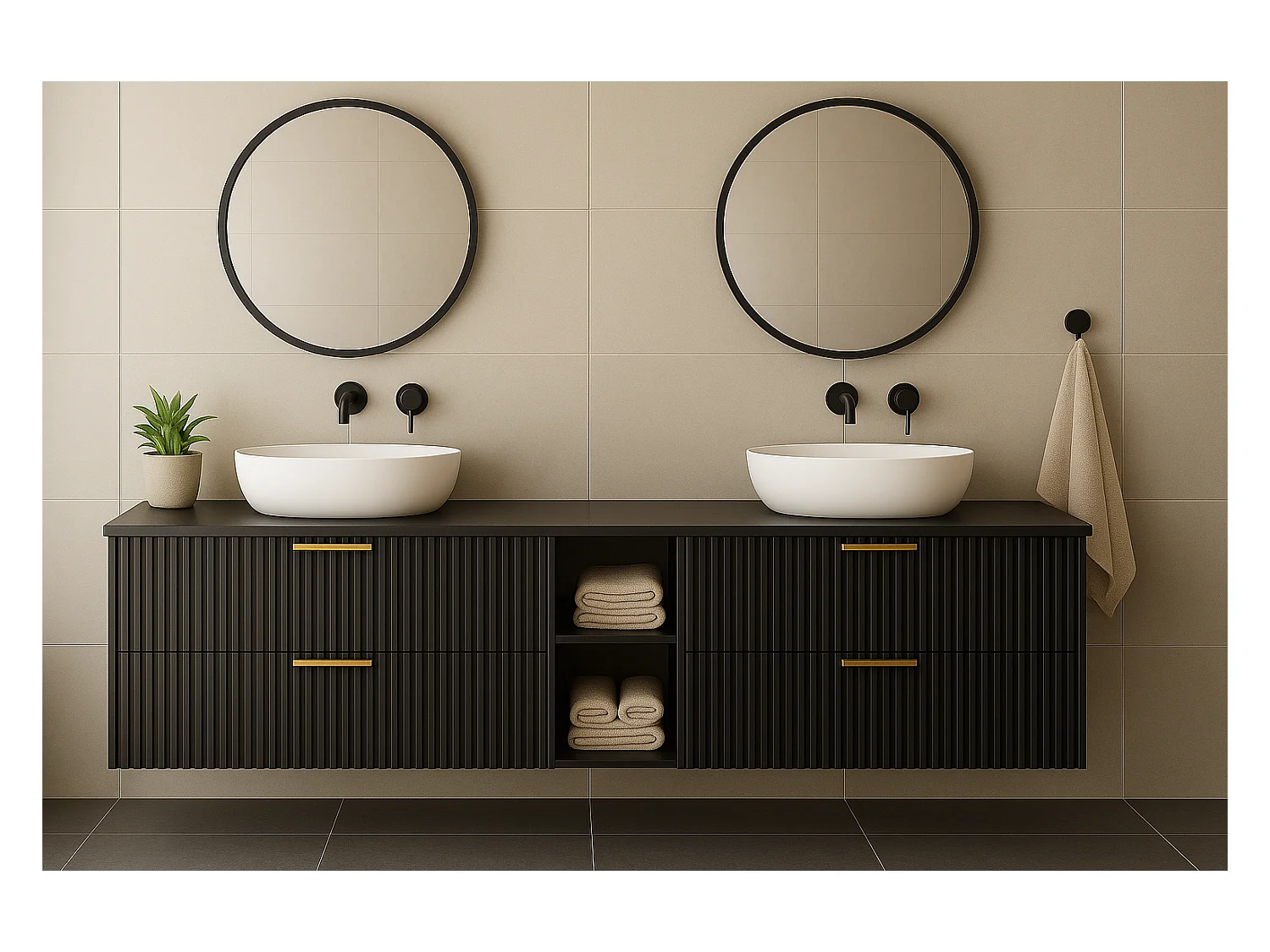 Meuble sous vasque noir FLOW 180 cm avec étagère et plan de travail