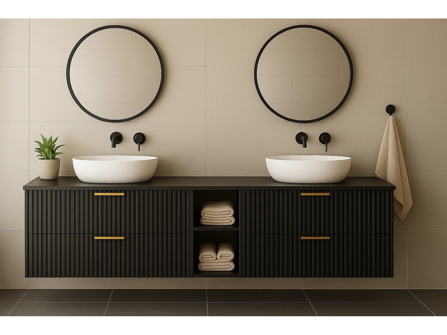 Meuble sous vasque noir FLOW 180 cm avec étagère et plan de travail