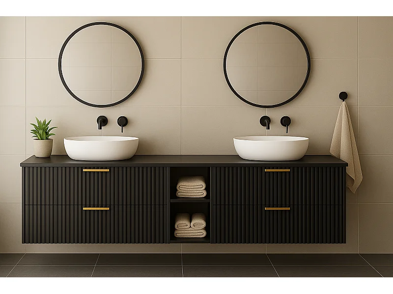 Meuble sous vasque noir FLOW 180 cm avec étagère et plan de travail