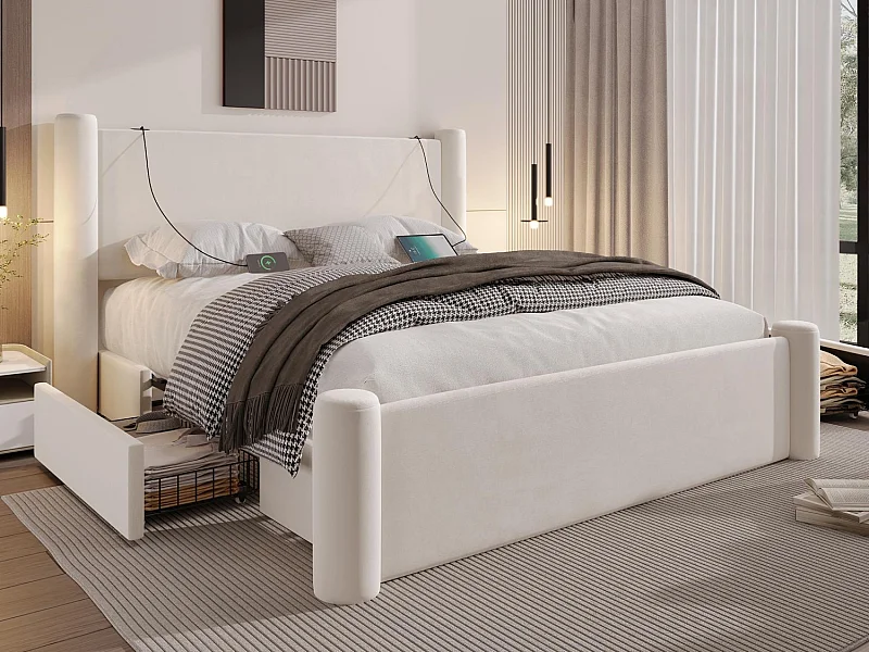 Lit coffre 160x200 cm - Lit rembourré en velours beige - avec tête de lit à colonnes - 2 tiroirs et port USB – Design élégant et pratique