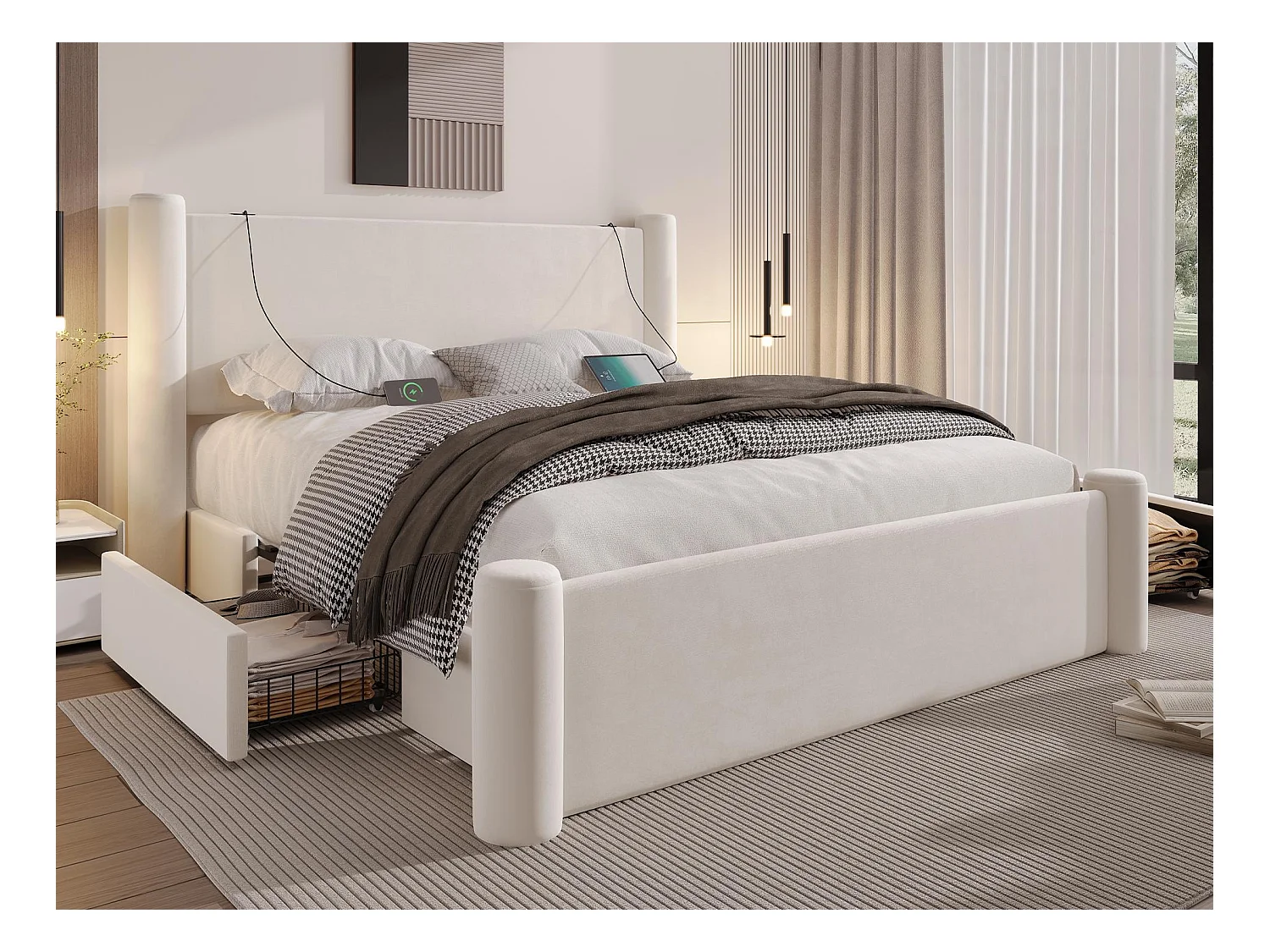 Lit coffre 160x200 cm - Lit rembourré en velours beige - avec tête de lit à colonnes - 2 tiroirs et port USB – Design élégant et pratique