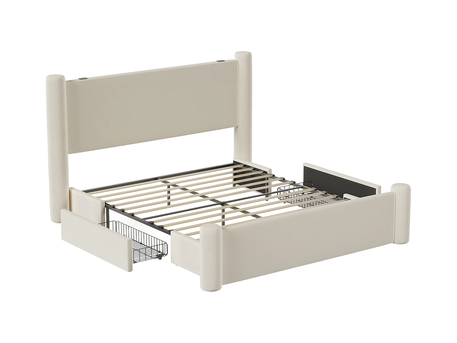 Lit coffre 160x200 cm - Lit rembourré en velours beige - avec tête de lit à colonnes - 2 tiroirs et port USB – Design élégant et pratique