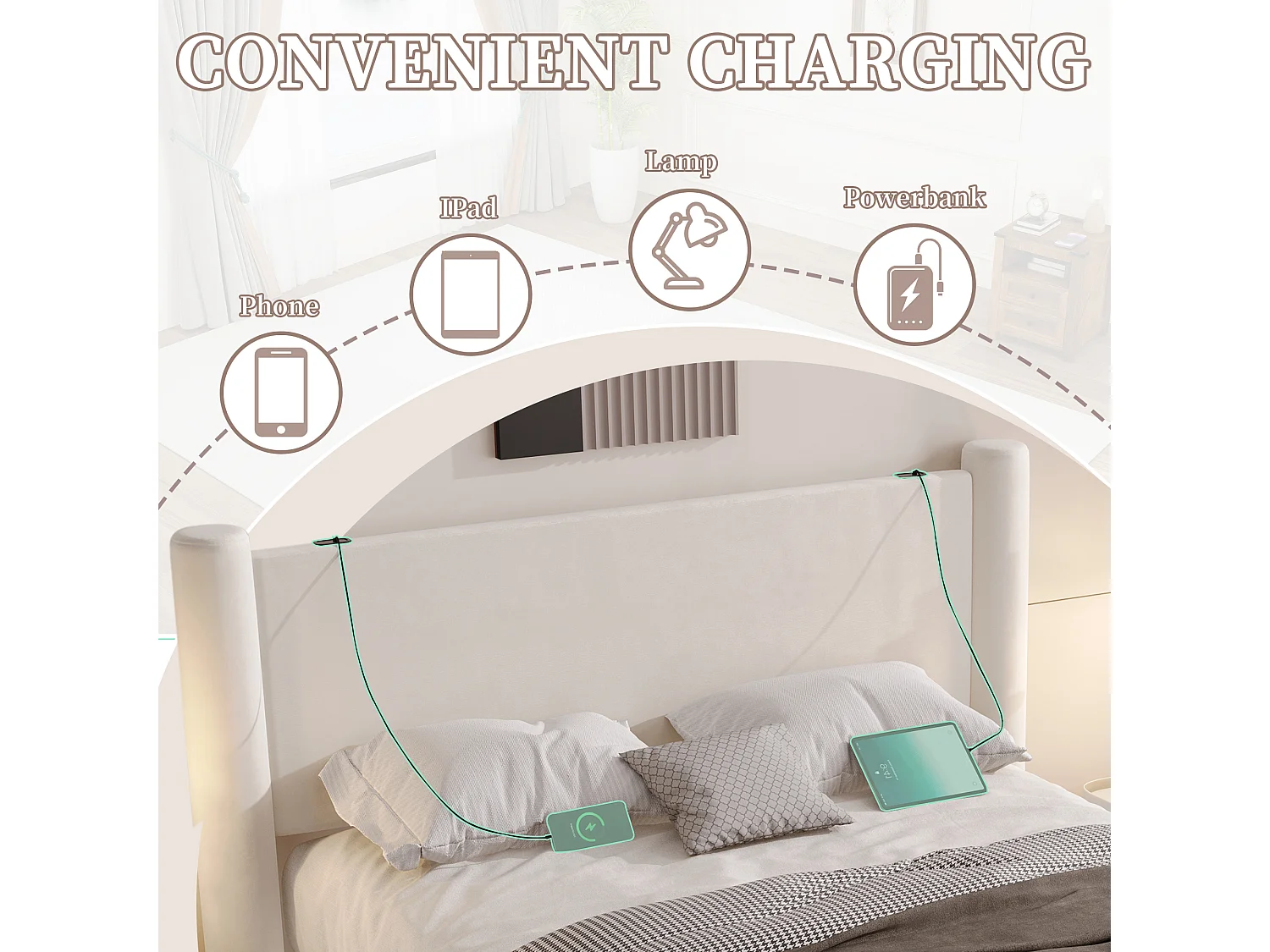 Lit coffre 160x200 cm - Lit rembourré en velours beige - avec tête de lit à colonnes - 2 tiroirs et port USB – Design élégant et pratique