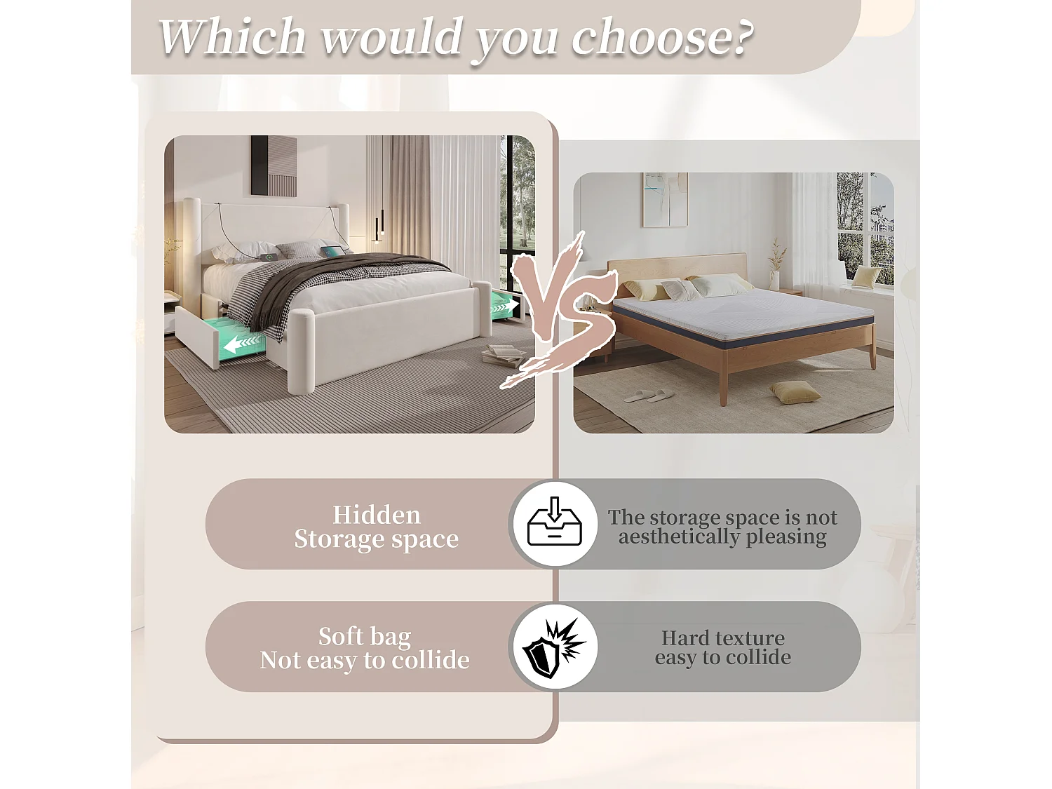 Lit coffre 160x200 cm - Lit rembourré en velours beige - avec tête de lit à colonnes - 2 tiroirs et port USB – Design élégant et pratique