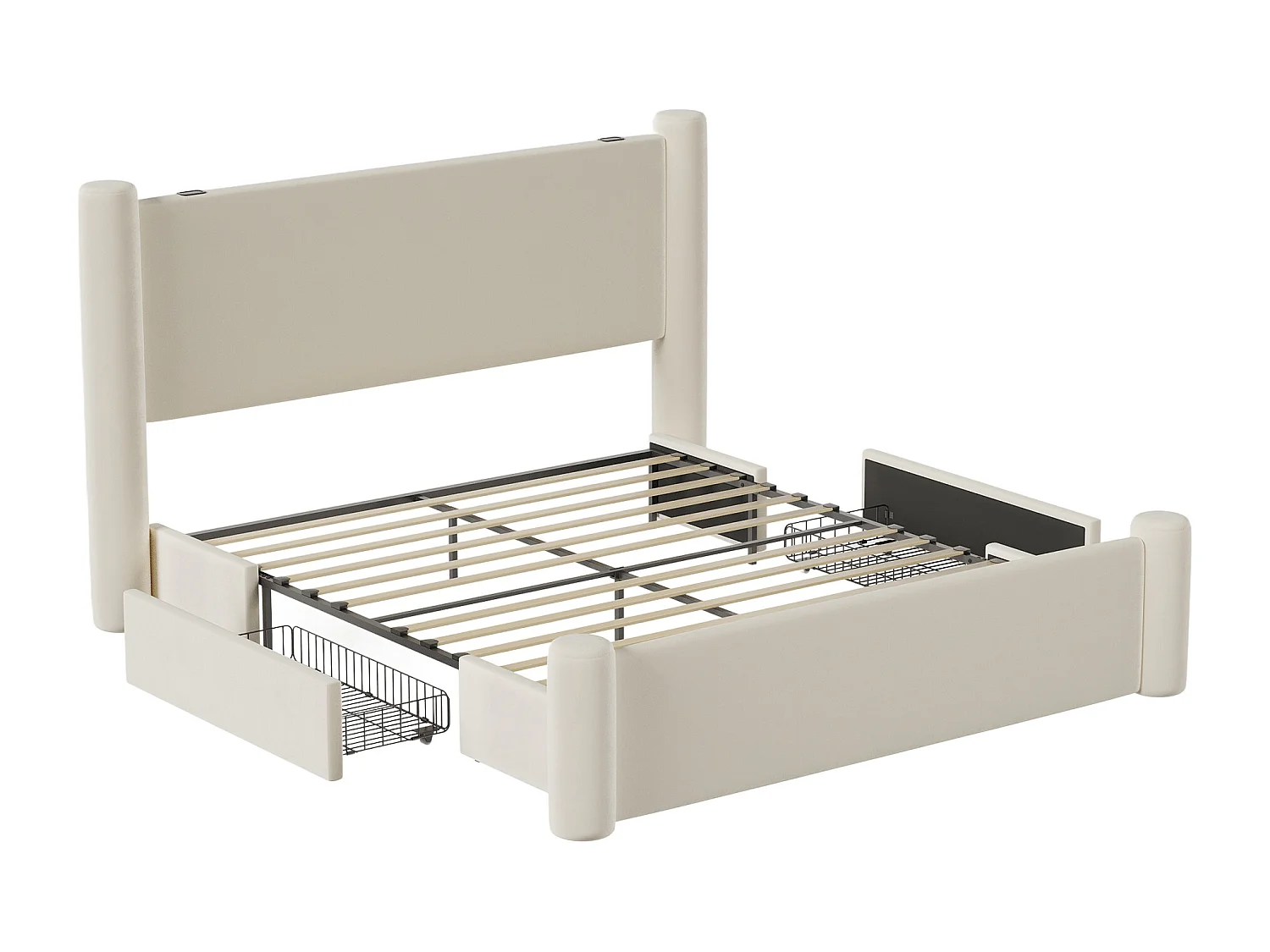 Lit coffre 160x200 cm - Lit rembourré en velours beige - avec tête de lit à colonnes - 2 tiroirs et port USB – Design élégant et pratique