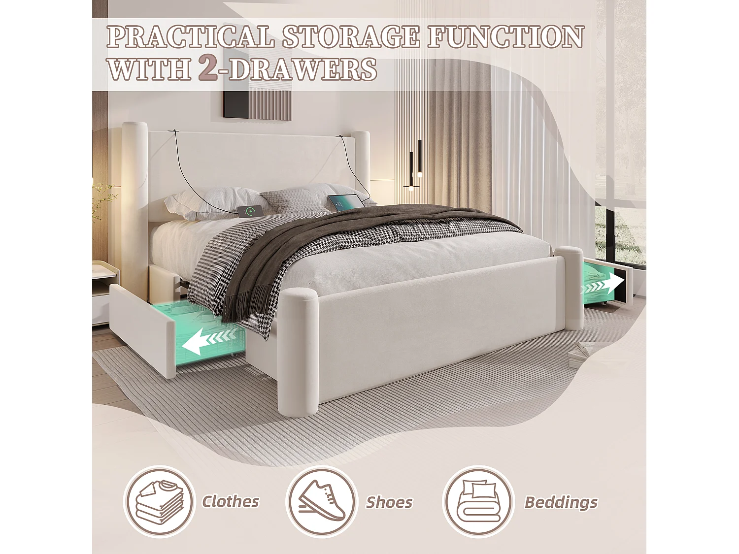 Lit coffre 160x200 cm - Lit rembourré en velours beige - avec tête de lit à colonnes - 2 tiroirs et port USB – Design élégant et pratique