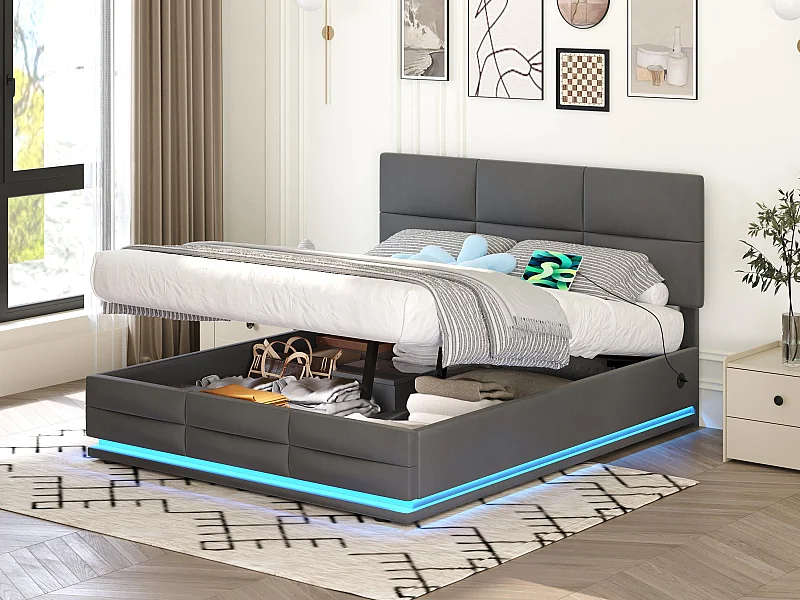 Boxspring 160x200 cm - gepolsterd dubbelbed met opbergruimte in fluweelstof | Hydraulisch opbergsysteem, 16 kleuren LED-verlichting & zij-USB-lader