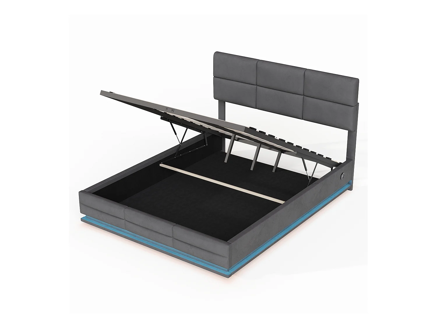 Lit Coffre 160×200 cm - Lit Rembourré en Velours Gris – LED Télécommandé + Ports USB/USB-C – Rangement Hydraulique – Style Moderne avec Motif Matelassé