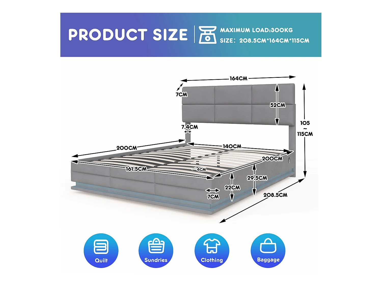 Lit Coffre 160×200 cm - Lit Rembourré en Velours Gris – LED Télécommandé + Ports USB/USB-C – Rangement Hydraulique – Style Moderne avec Motif Matelassé