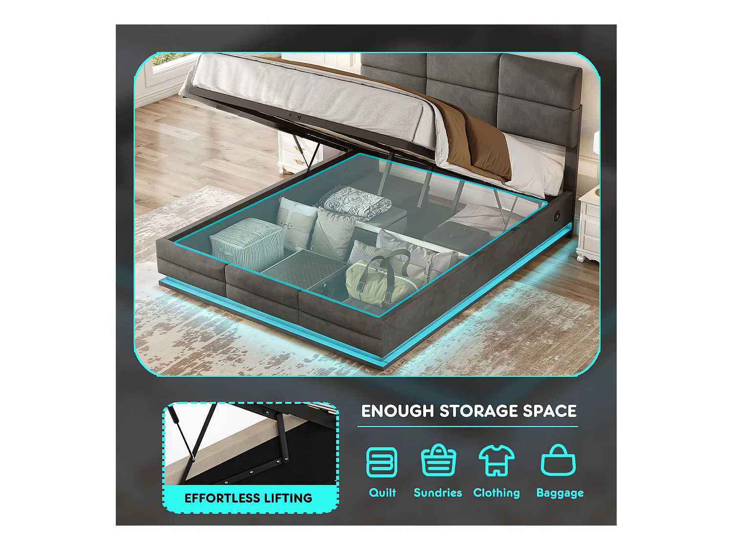 Lit Coffre 160×200 cm - Lit Rembourré en Velours Gris – LED Télécommandé + Ports USB/USB-C – Rangement Hydraulique – Style Moderne avec Motif Matelassé