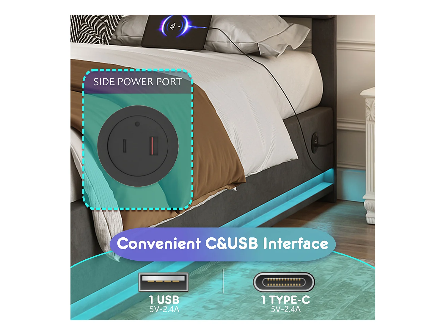 Lit Coffre 160×200 cm - Lit Rembourré en Velours Gris – LED Télécommandé + Ports USB/USB-C – Rangement Hydraulique – Style Moderne avec Motif Matelassé