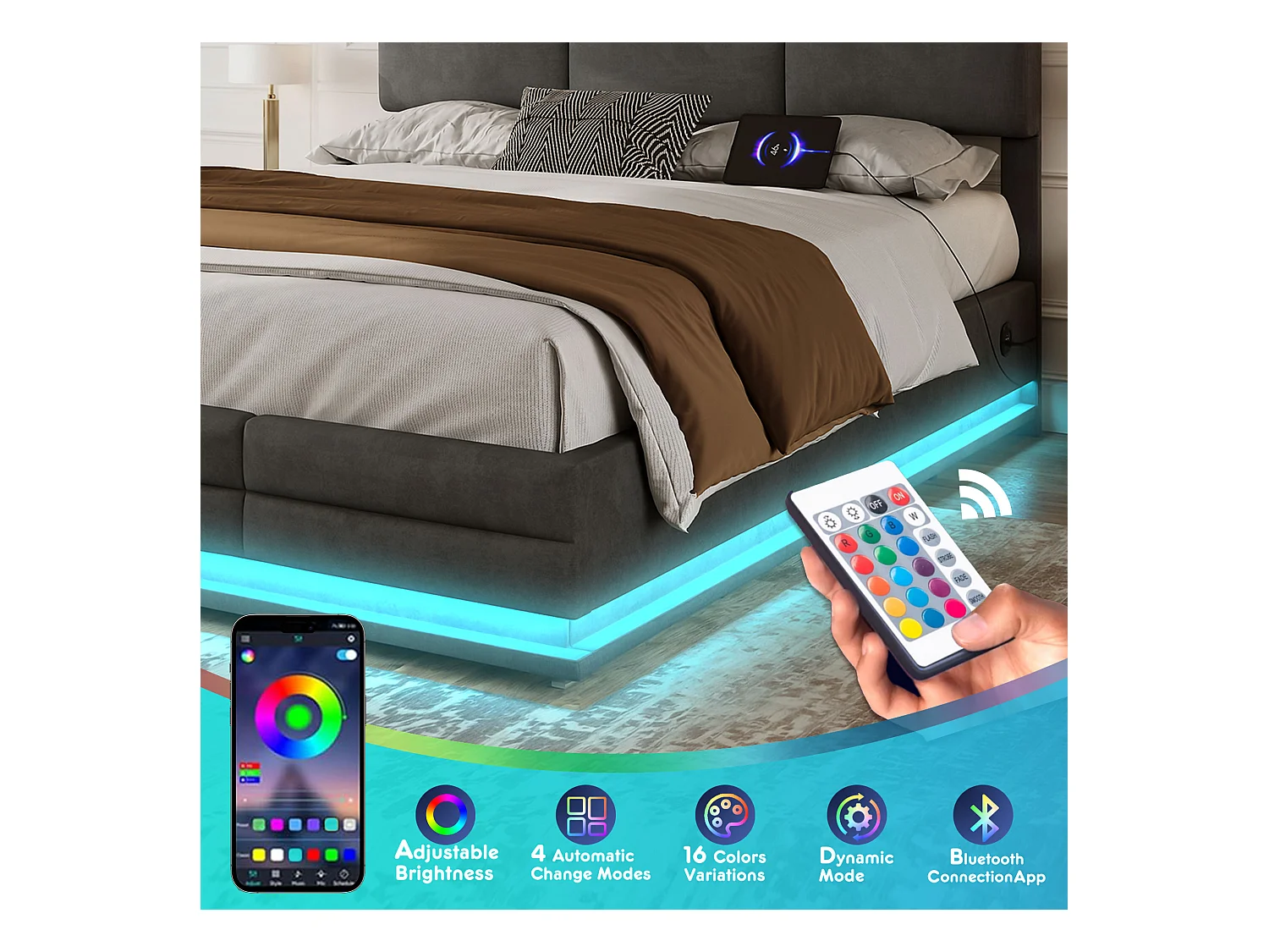 Lit Coffre 160×200 cm - Lit Rembourré en Velours Gris – LED Télécommandé + Ports USB/USB-C – Rangement Hydraulique – Style Moderne avec Motif Matelassé