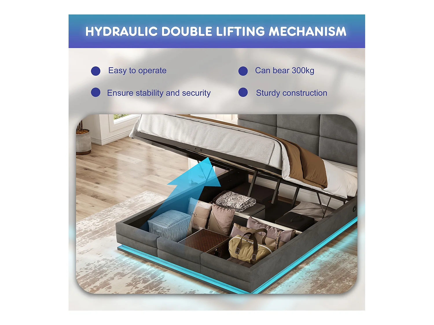 Lit Coffre 160×200 cm - Lit Rembourré en Velours Gris – LED Télécommandé + Ports USB/USB-C – Rangement Hydraulique – Style Moderne avec Motif Matelassé