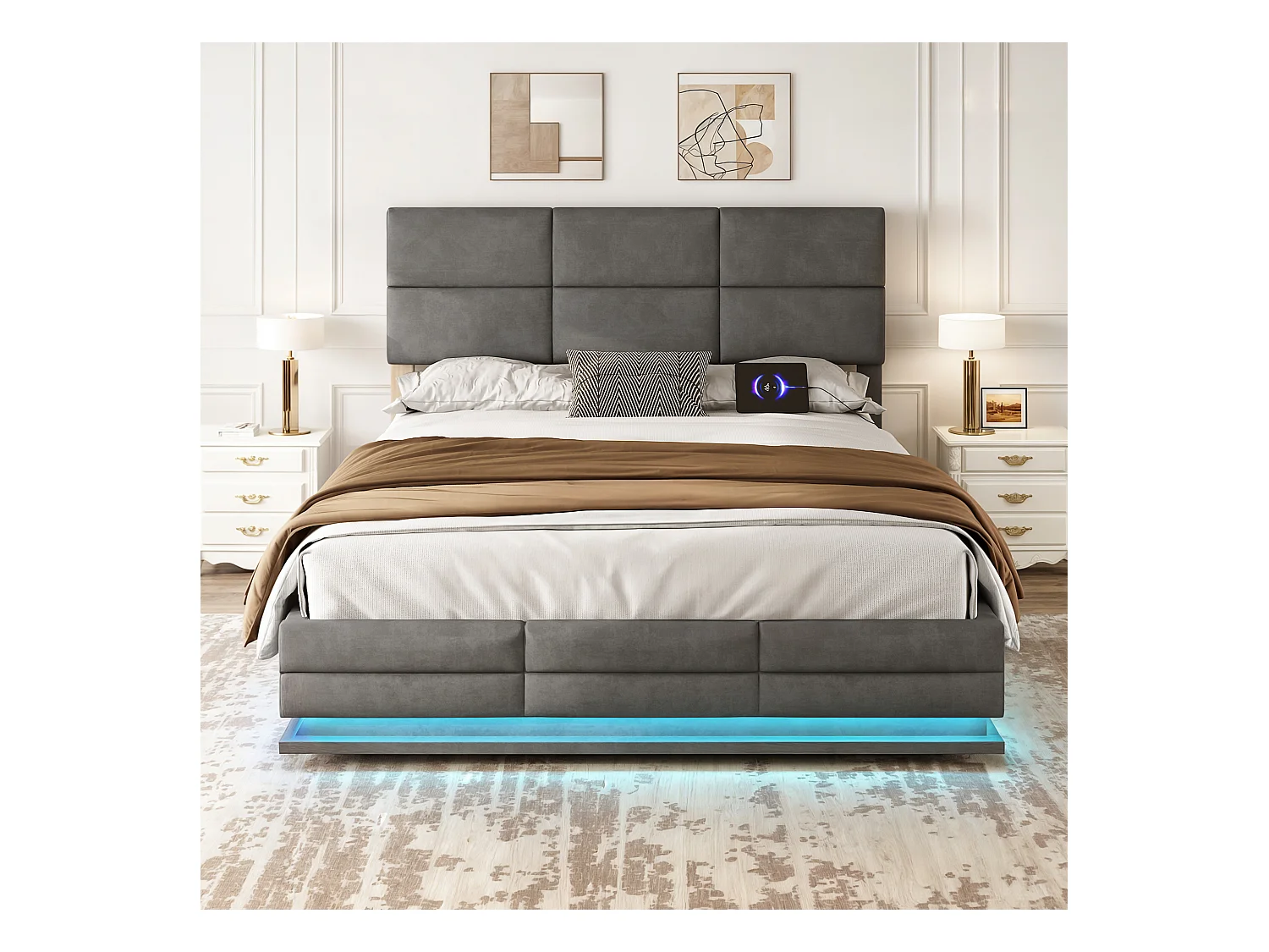 Lit Coffre 160×200 cm - Lit Rembourré en Velours Gris – LED Télécommandé + Ports USB/USB-C – Rangement Hydraulique – Style Moderne avec Motif Matelassé