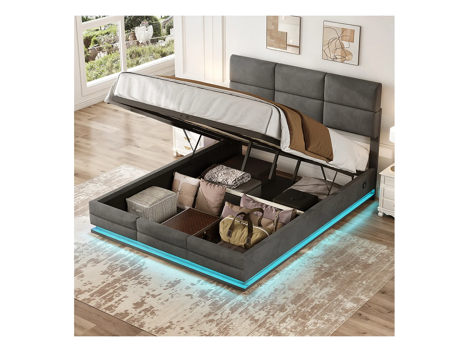 Lit Coffre 160×200 cm - Lit Rembourré en Velours Gris – LED Télécommandé + Ports USB/USB-C – Rangement Hydraulique – Style Moderne avec Motif Matelassé