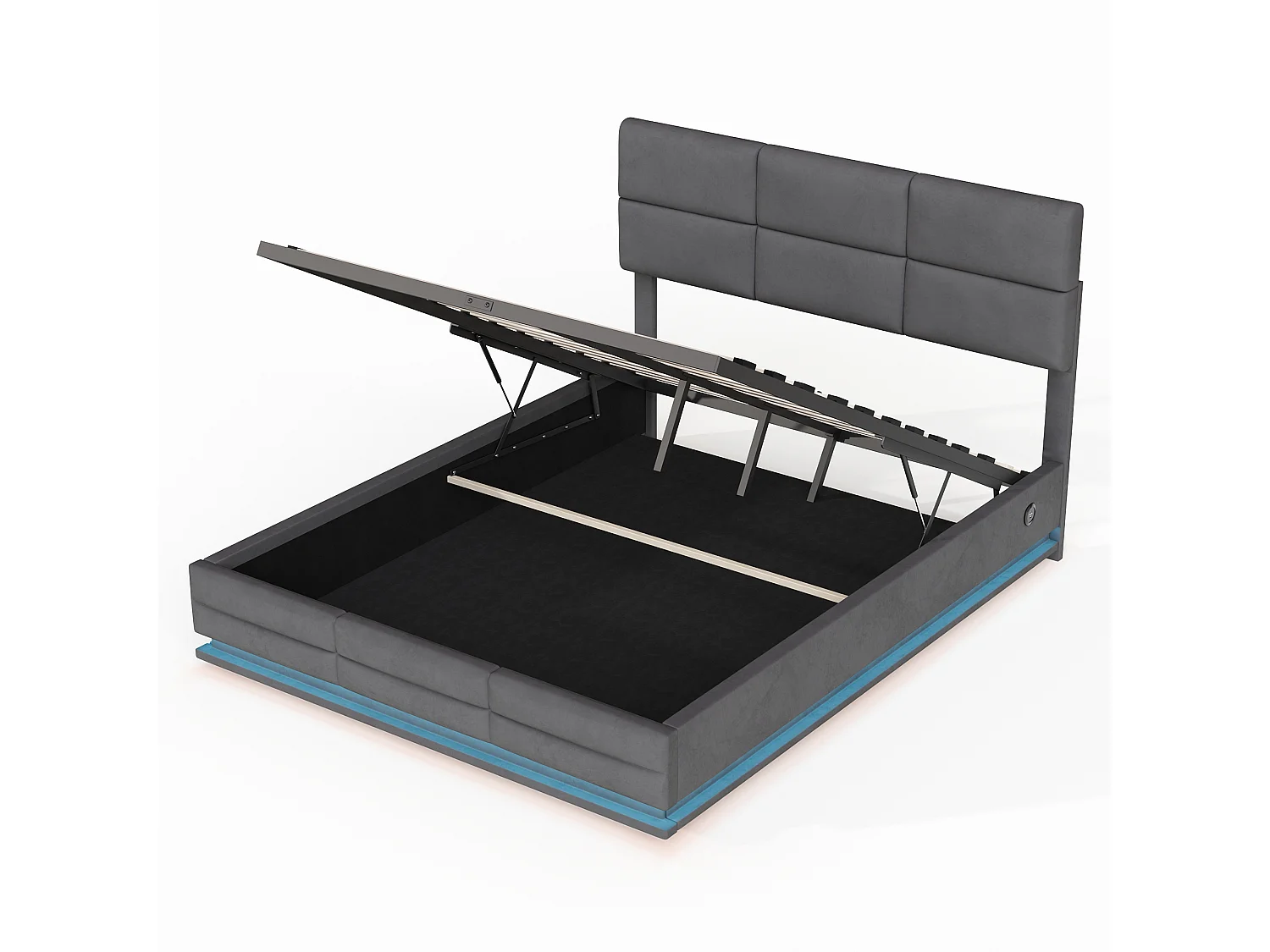 Lit Coffre 160×200 cm - Lit Rembourré en Velours Gris – LED Télécommandé + Ports USB/USB-C – Rangement Hydraulique – Style Moderne avec Motif Matelassé