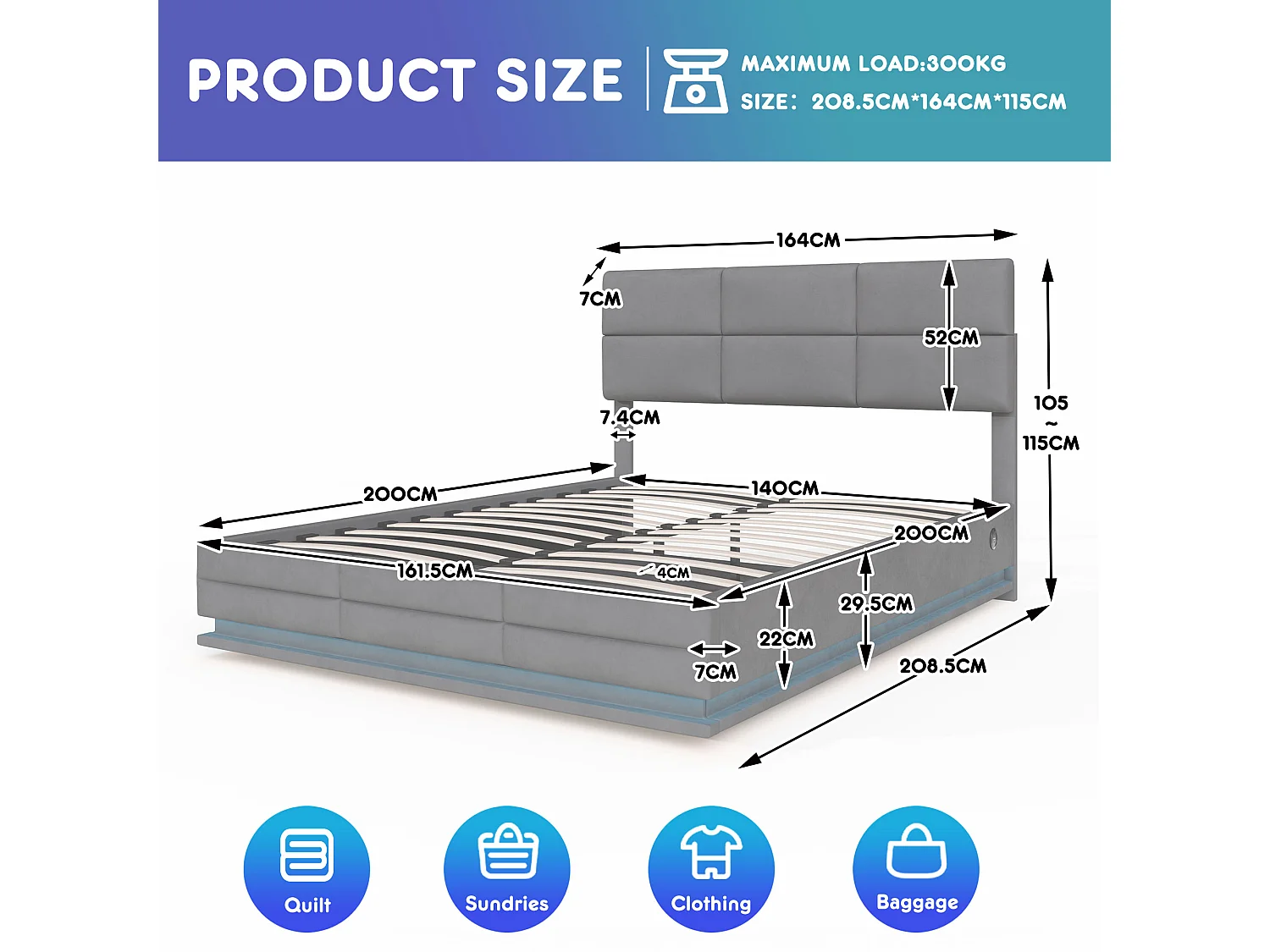 Lit Coffre 160×200 cm - Lit Rembourré en Velours Gris – LED Télécommandé + Ports USB/USB-C – Rangement Hydraulique – Style Moderne avec Motif Matelassé
