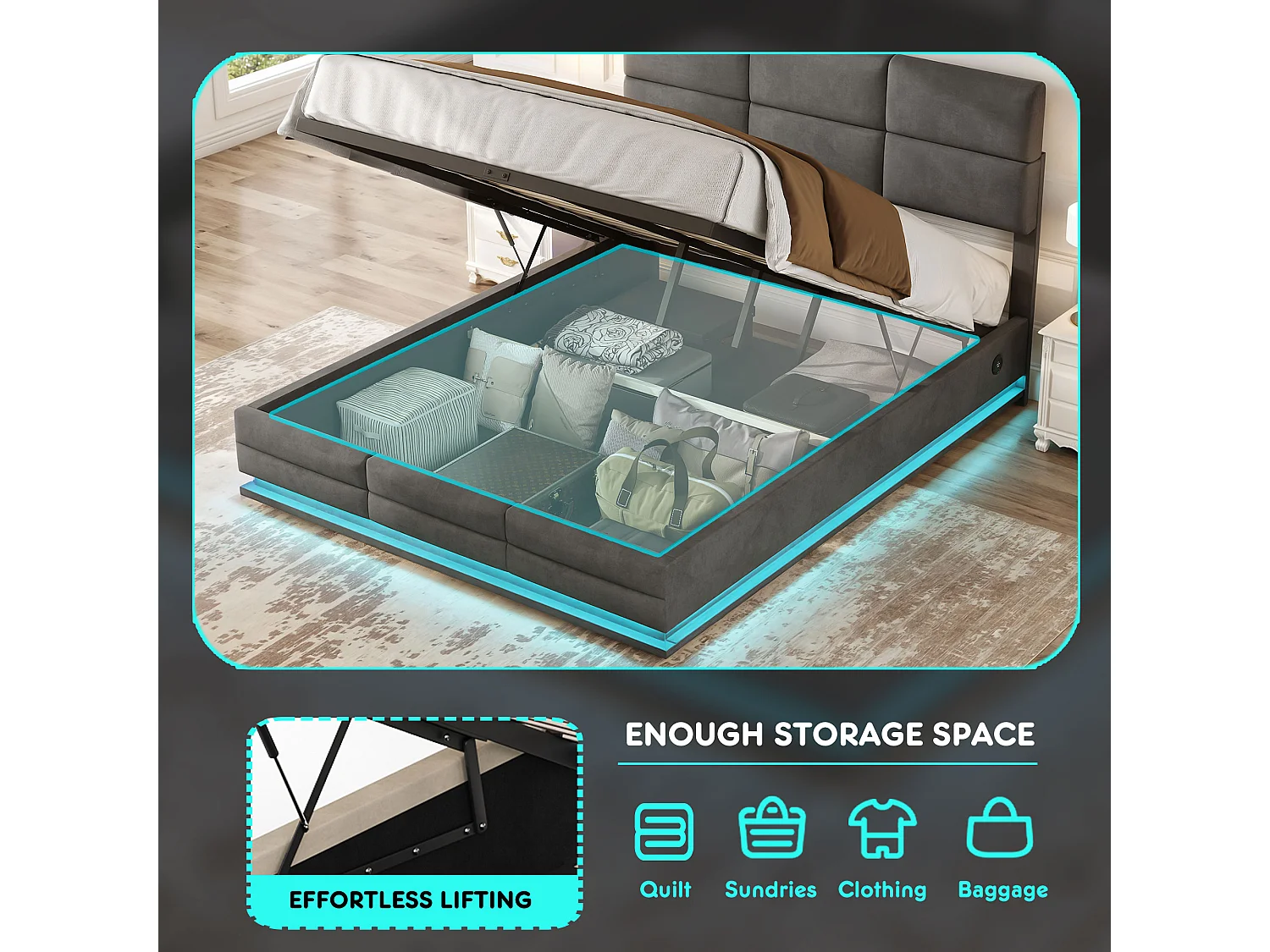 Lit Coffre 160×200 cm - Lit Rembourré en Velours Gris – LED Télécommandé + Ports USB/USB-C – Rangement Hydraulique – Style Moderne avec Motif Matelassé
