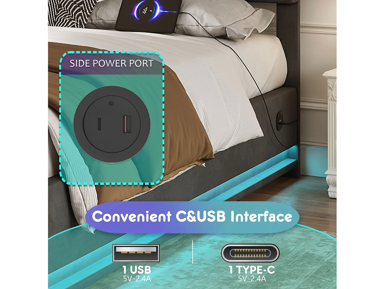 Lit Coffre 160×200 cm - Lit Rembourré en Velours Gris – LED Télécommandé + Ports USB/USB-C – Rangement Hydraulique – Style Moderne avec Motif Matelassé