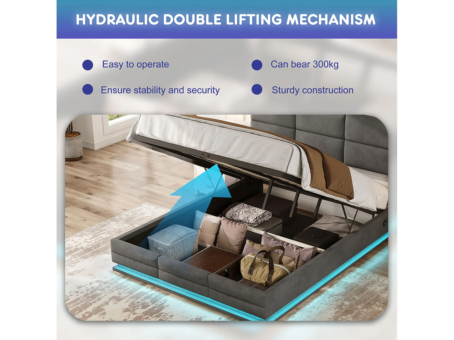 Lit Coffre 160×200 cm - Lit Rembourré en Velours Gris – LED Télécommandé + Ports USB/USB-C – Rangement Hydraulique – Style Moderne avec Motif Matelassé