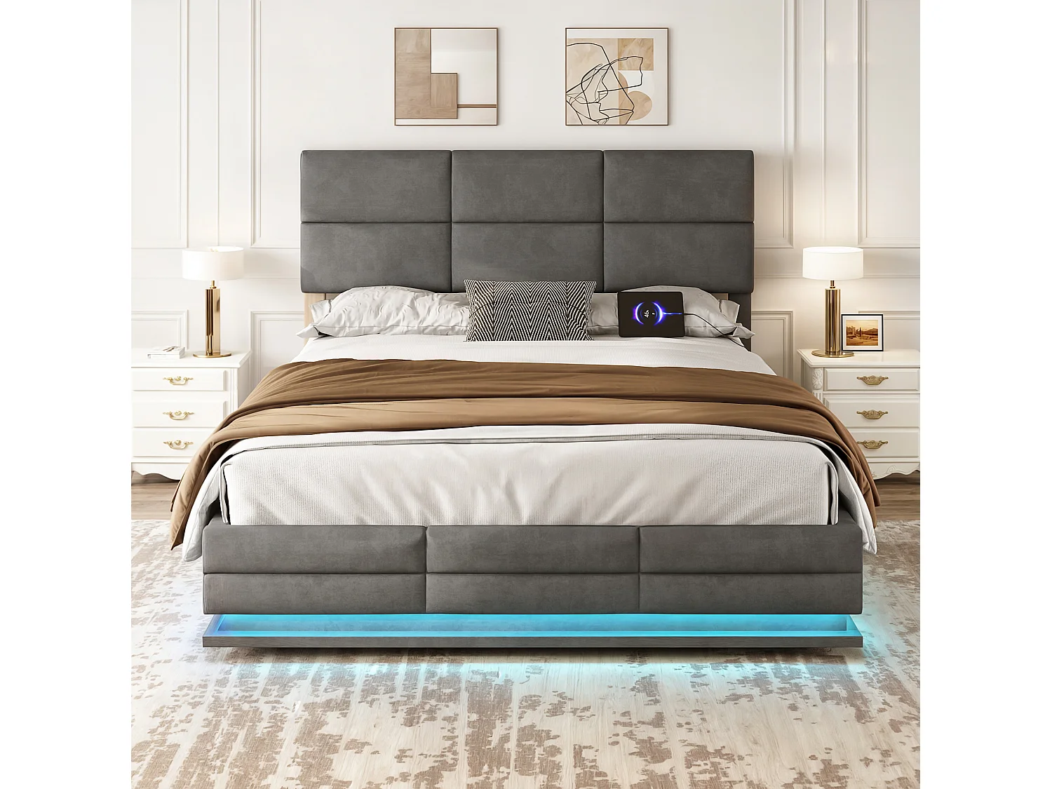 Lit Coffre 160×200 cm - Lit Rembourré en Velours Gris – LED Télécommandé + Ports USB/USB-C – Rangement Hydraulique – Style Moderne avec Motif Matelassé