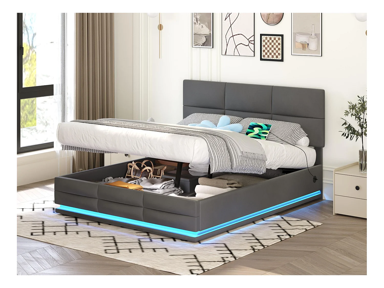 Boxspring 160x200 cm - gepolsterd dubbelbed met opbergruimte in fluweelstof | Hydraulisch opbergsysteem, 16 kleuren LED-verlichting & zij-USB-lader