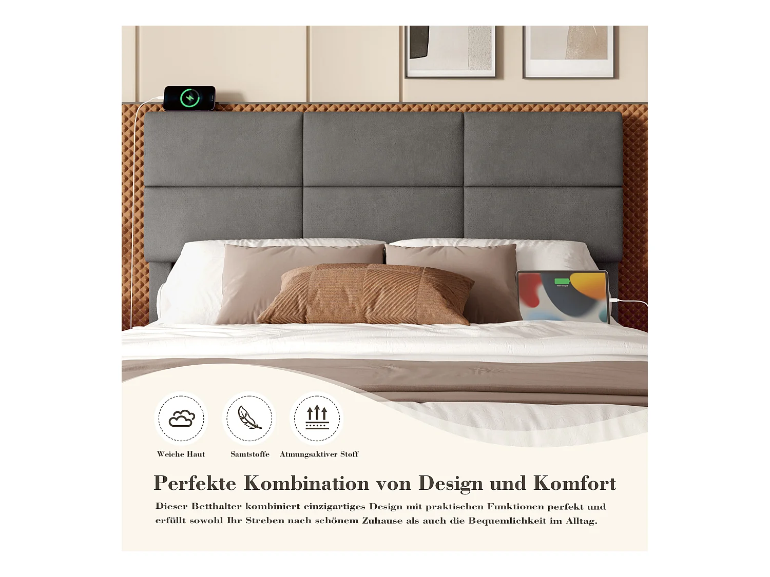 Opbergbed 140×200cm Grijs Fluweel - Gestoffeerd Bed - Afstandsbediening LED + USB-poort - Hydraulische Opbergruimte - Moderne Stijl met Gewatteerd Patroon