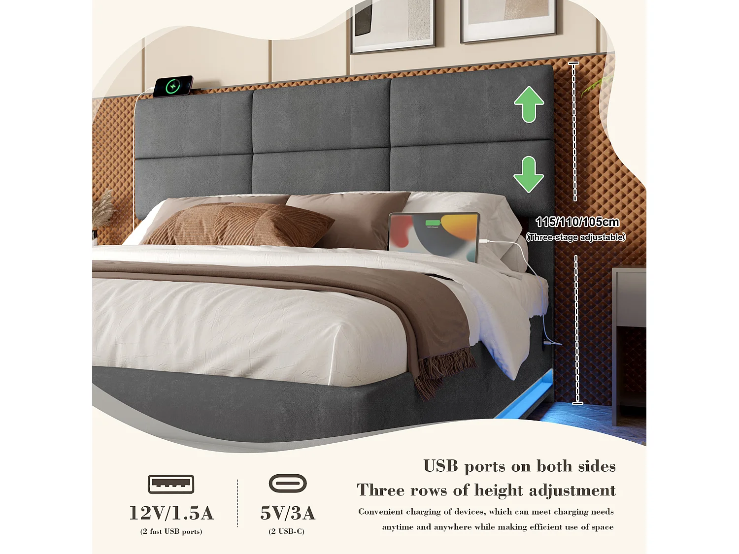 Lit Coffre 140×200 cm Velours Gris - Lit Rembourré – LED Télécommandé + Port USB – Rangement Hydraulique – Style Moderne avec Motif Matelassé