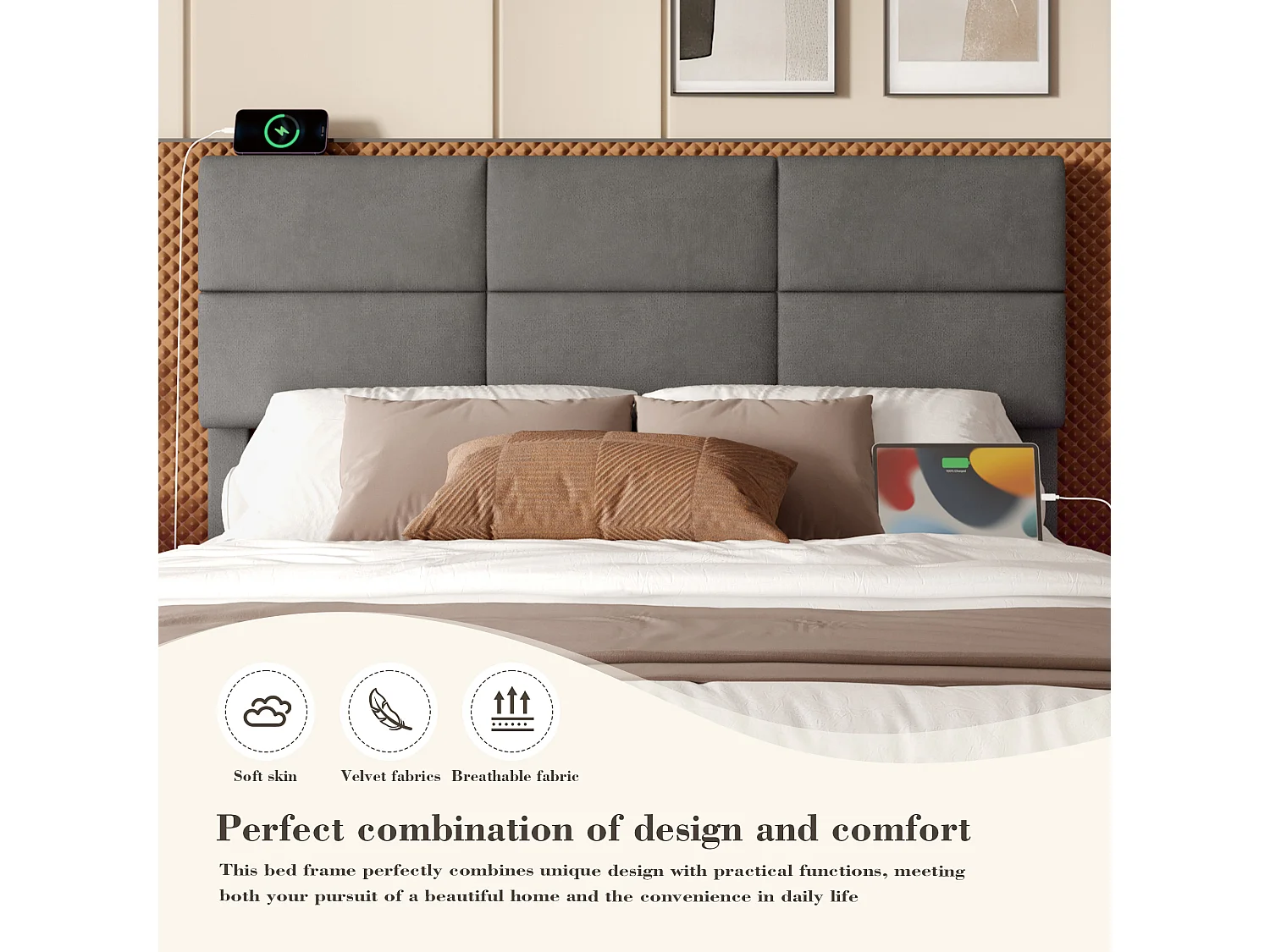 Lit Coffre 140×200 cm Velours Gris - Lit Rembourré – LED Télécommandé + Port USB – Rangement Hydraulique – Style Moderne avec Motif Matelassé