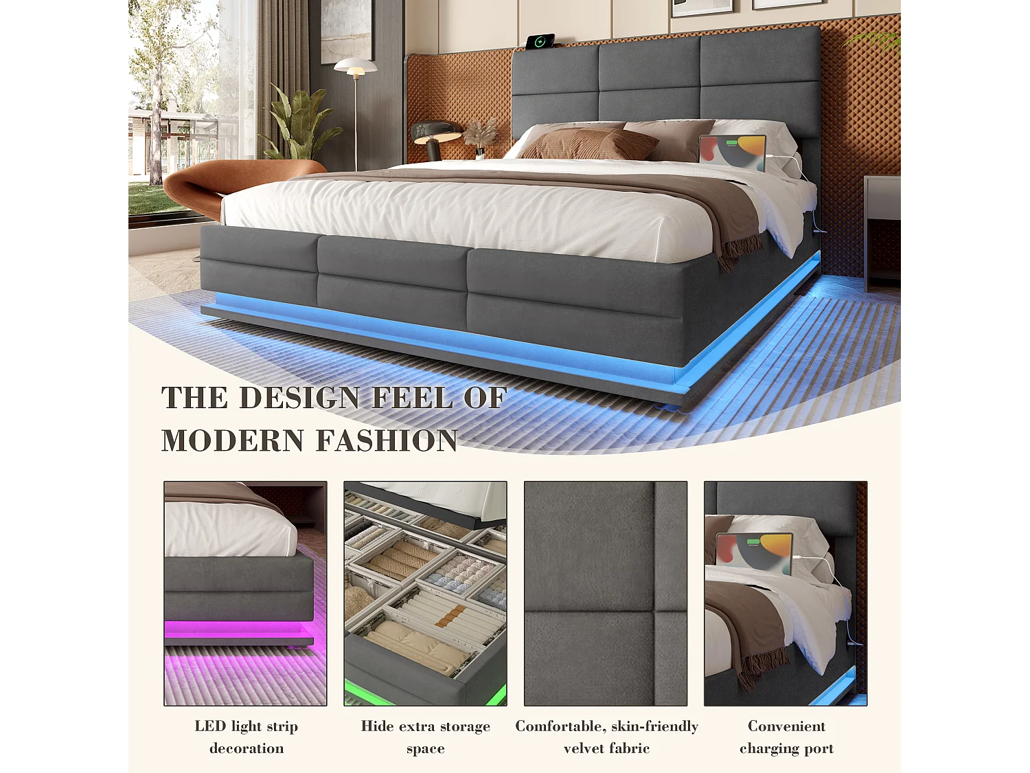 Opbergbed 140×200cm Grijs Fluweel - Gestoffeerd Bed - Afstandsbediening LED + USB-poort - Hydraulische Opbergruimte - Moderne Stijl met Gewatteerd Patroon