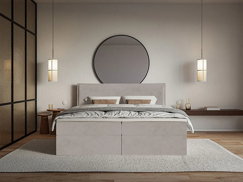 Boxspringbed 160x200 cm met topper en opbergruimte – waterafstotend velours – grijsbruin – SOFTIE