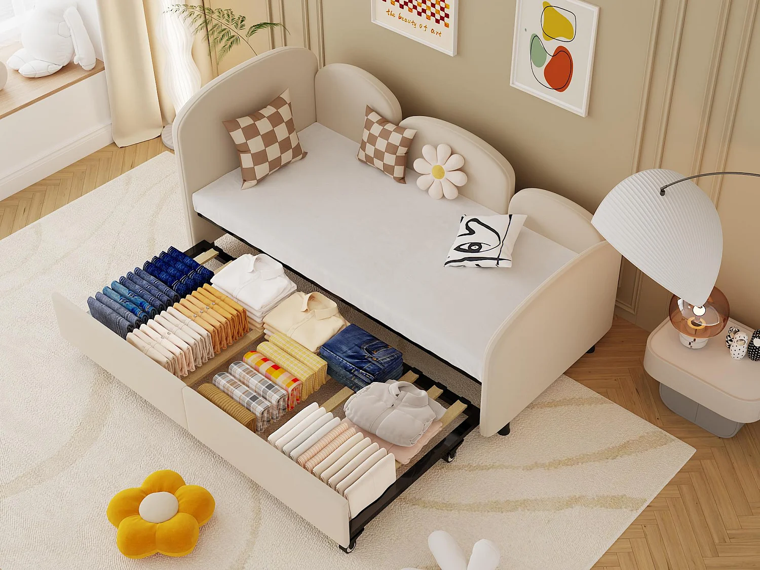 Lit Banquette Gigogne 90×200 cm Velours Beige – Design Pétale Doux - Tiroir Latéral sur Roulettes – Confort et Mobilité