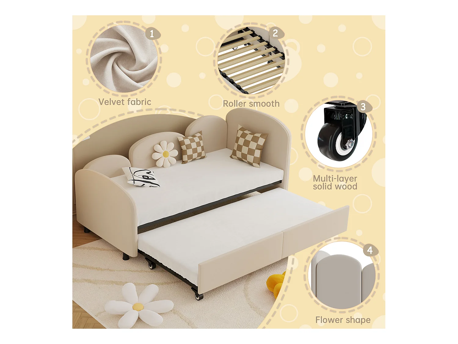 Lit Banquette Gigogne 90×200 cm Velours Beige – Design Pétale Doux - Tiroir Latéral sur Roulettes – Confort et Mobilité