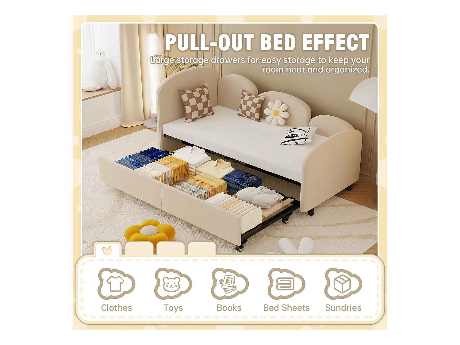 Lit Banquette Gigogne 90×200 cm Velours Beige – Design Pétale Doux - Tiroir Latéral sur Roulettes – Confort et Mobilité