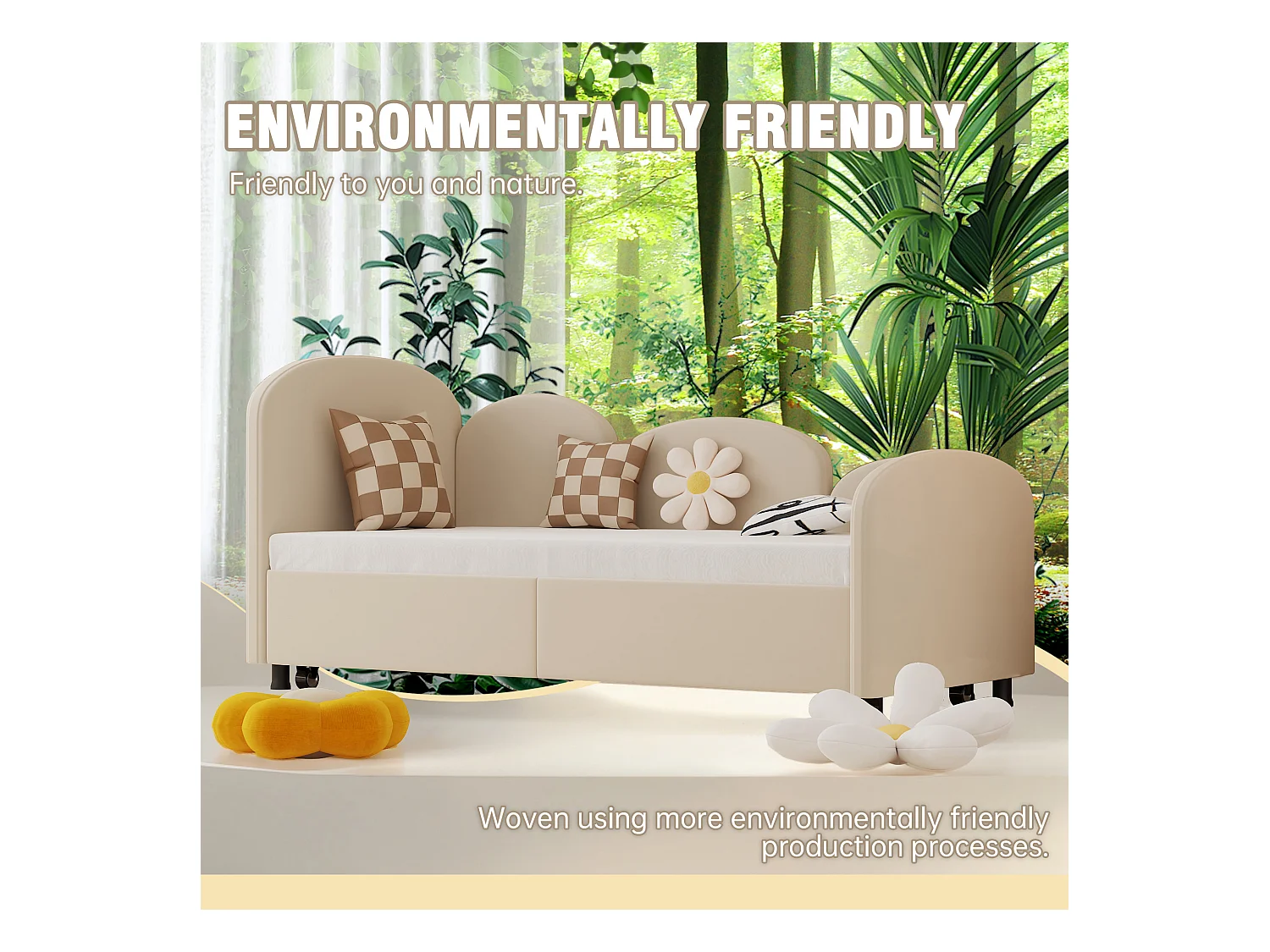 Lit Banquette Gigogne 90×200 cm Velours Beige – Design Pétale Doux - Tiroir Latéral sur Roulettes – Confort et Mobilité