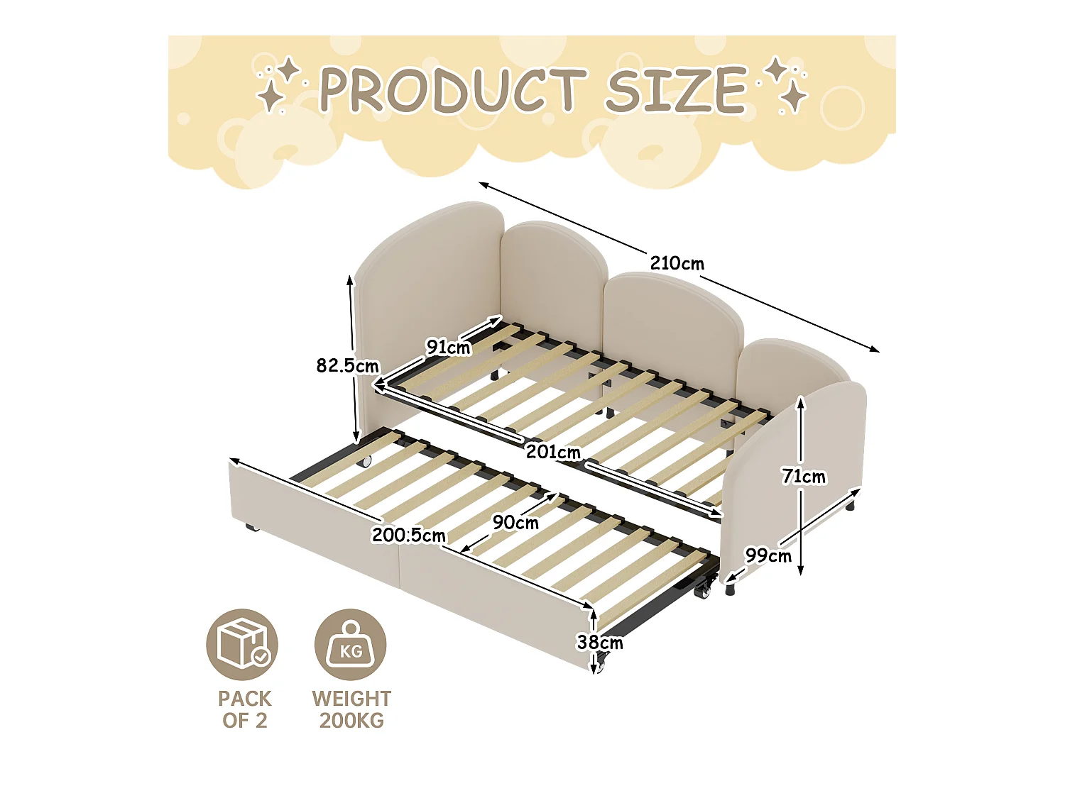 Lit Banquette Gigogne 90×200 cm Velours Beige – Design Pétale Doux - Tiroir Latéral sur Roulettes – Confort et Mobilité