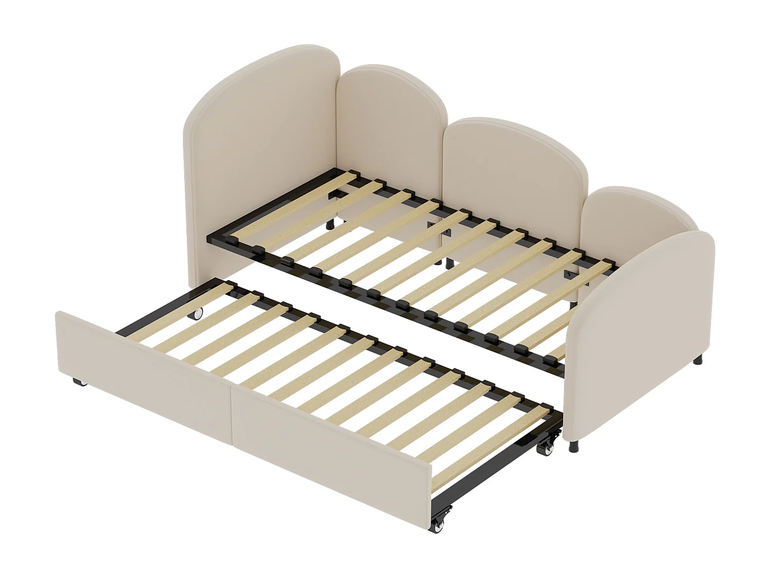 Lit Banquette Gigogne 90×200 cm Velours Beige – Design Pétale Doux - Tiroir Latéral sur Roulettes – Confort et Mobilité