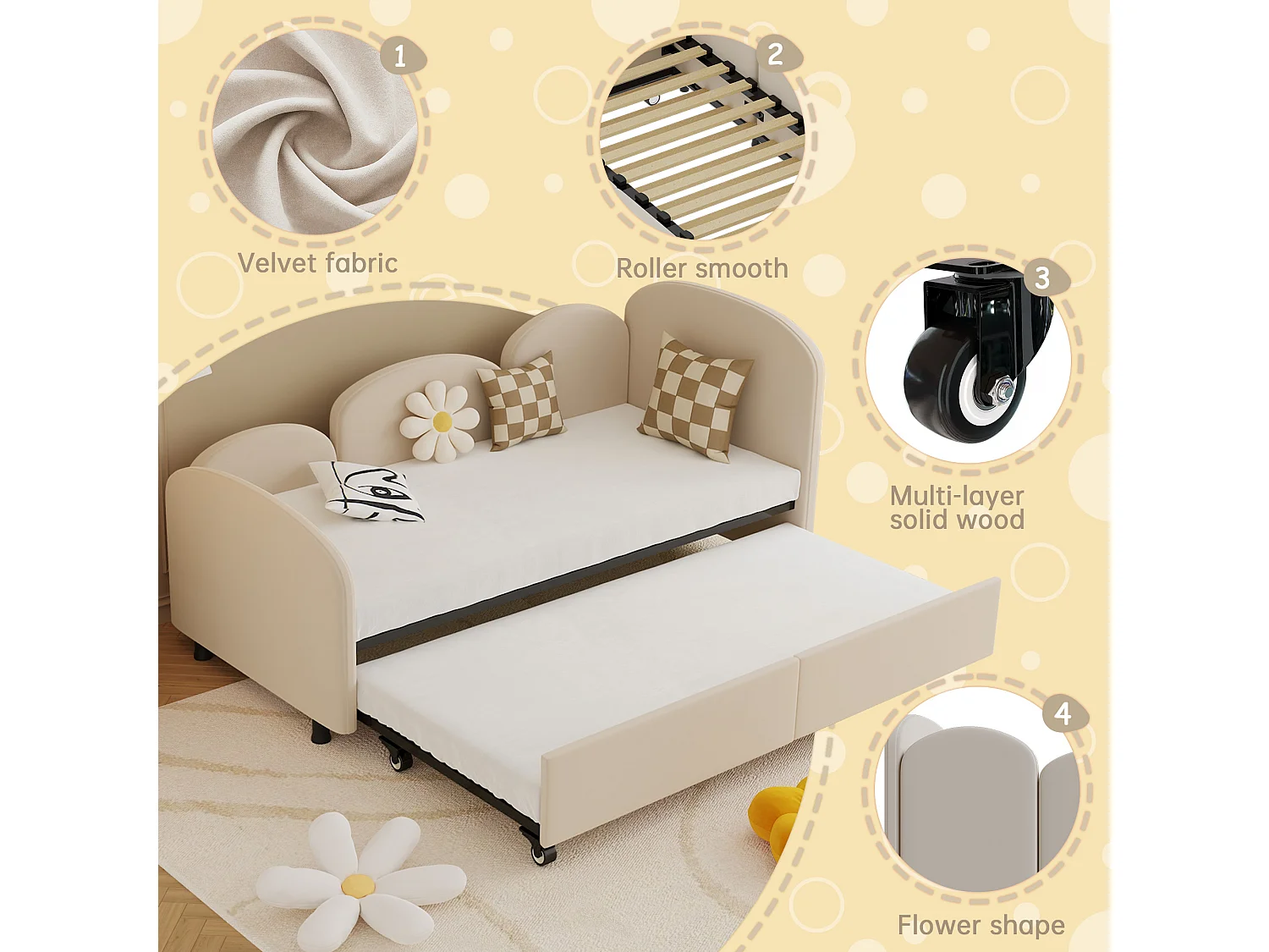 Lit Banquette Gigogne 90×200 cm Velours Beige – Design Pétale Doux - Tiroir Latéral sur Roulettes – Confort et Mobilité