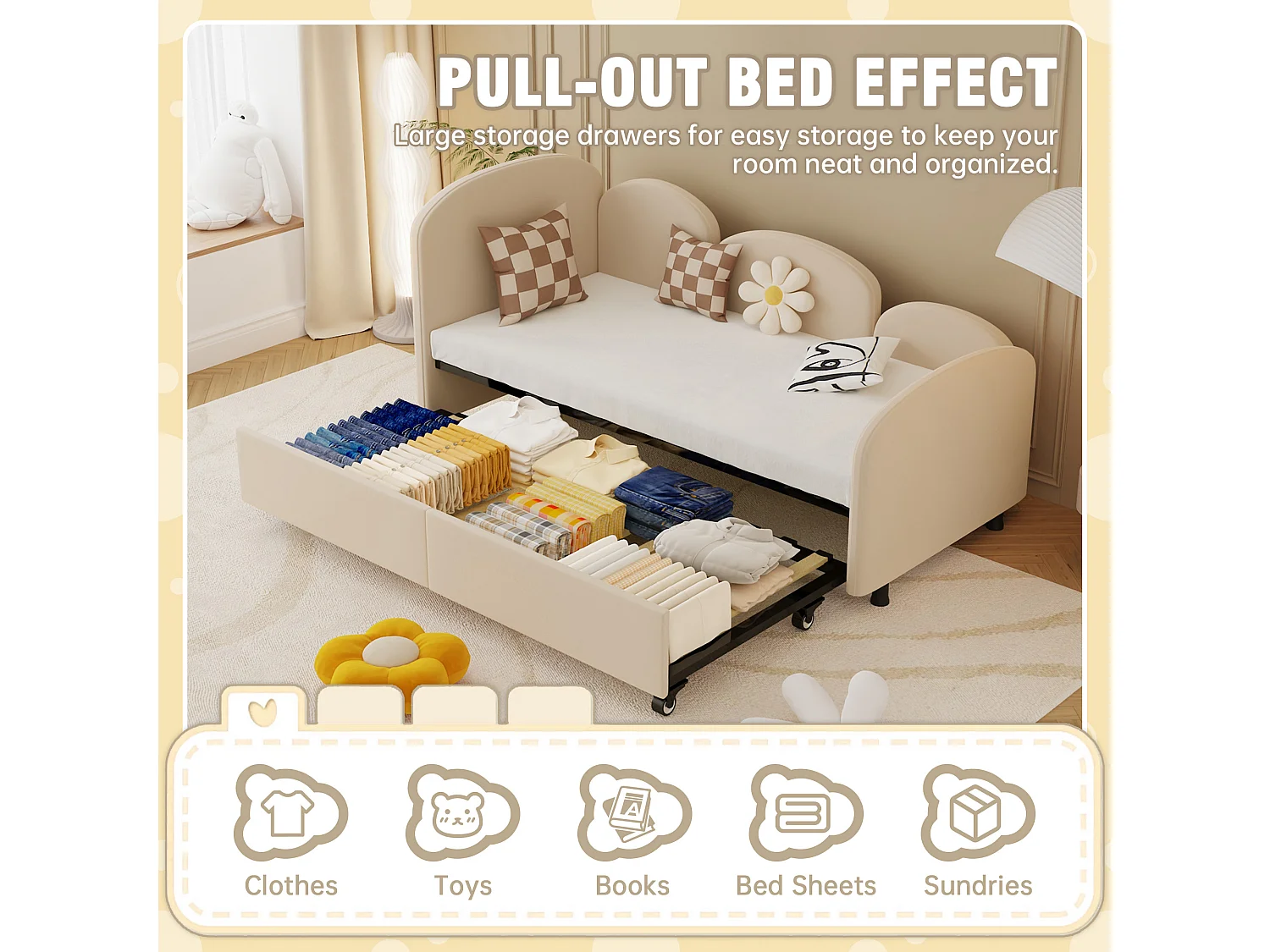 Lit Banquette Gigogne 90×200 cm Velours Beige – Design Pétale Doux - Tiroir Latéral sur Roulettes – Confort et Mobilité