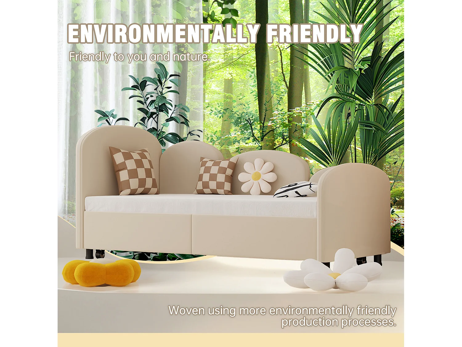 Lit Banquette Gigogne 90×200 cm Velours Beige – Design Pétale Doux - Tiroir Latéral sur Roulettes – Confort et Mobilité