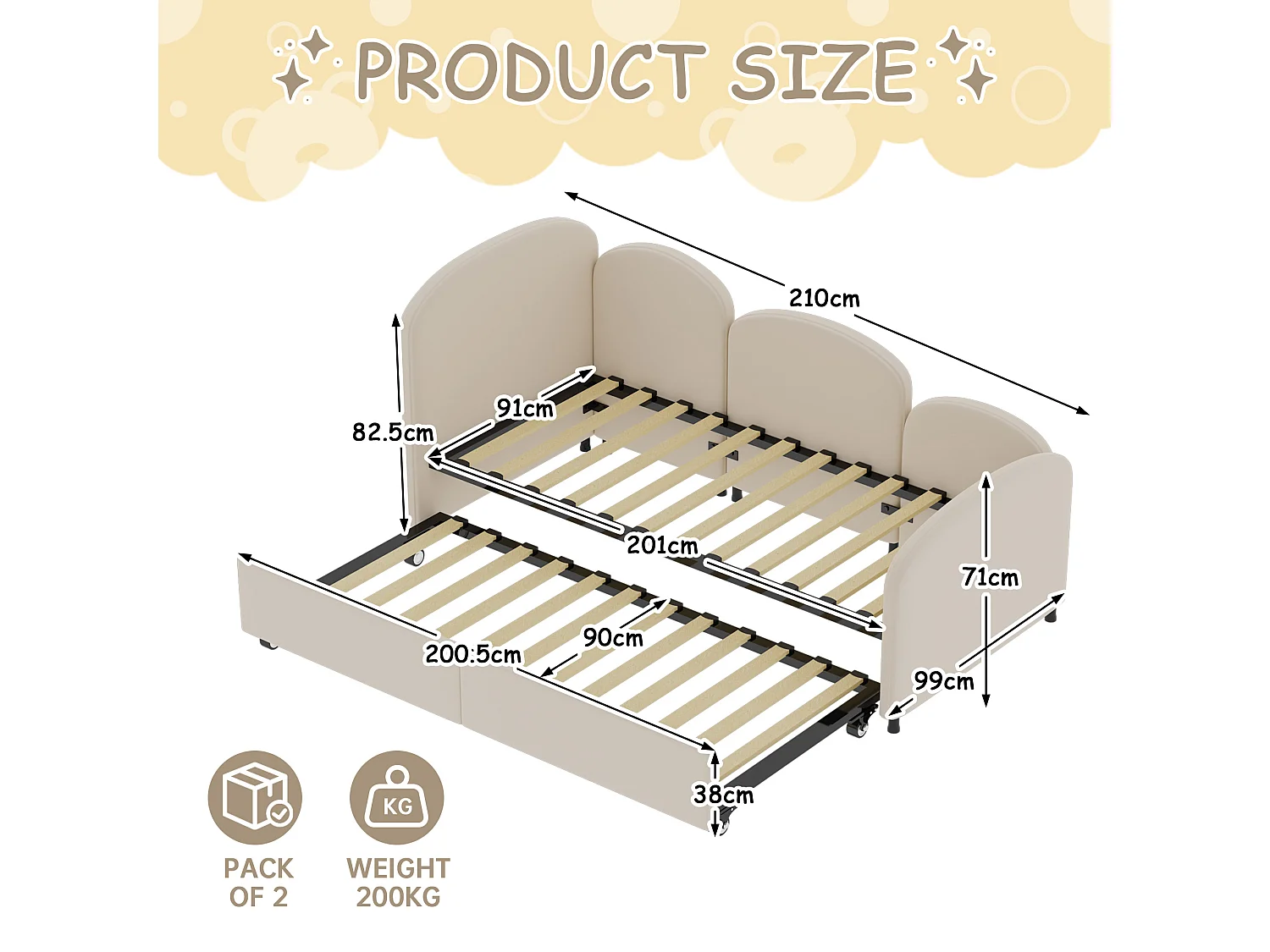 Lit Banquette Gigogne 90×200 cm Velours Beige – Design Pétale Doux - Tiroir Latéral sur Roulettes – Confort et Mobilité