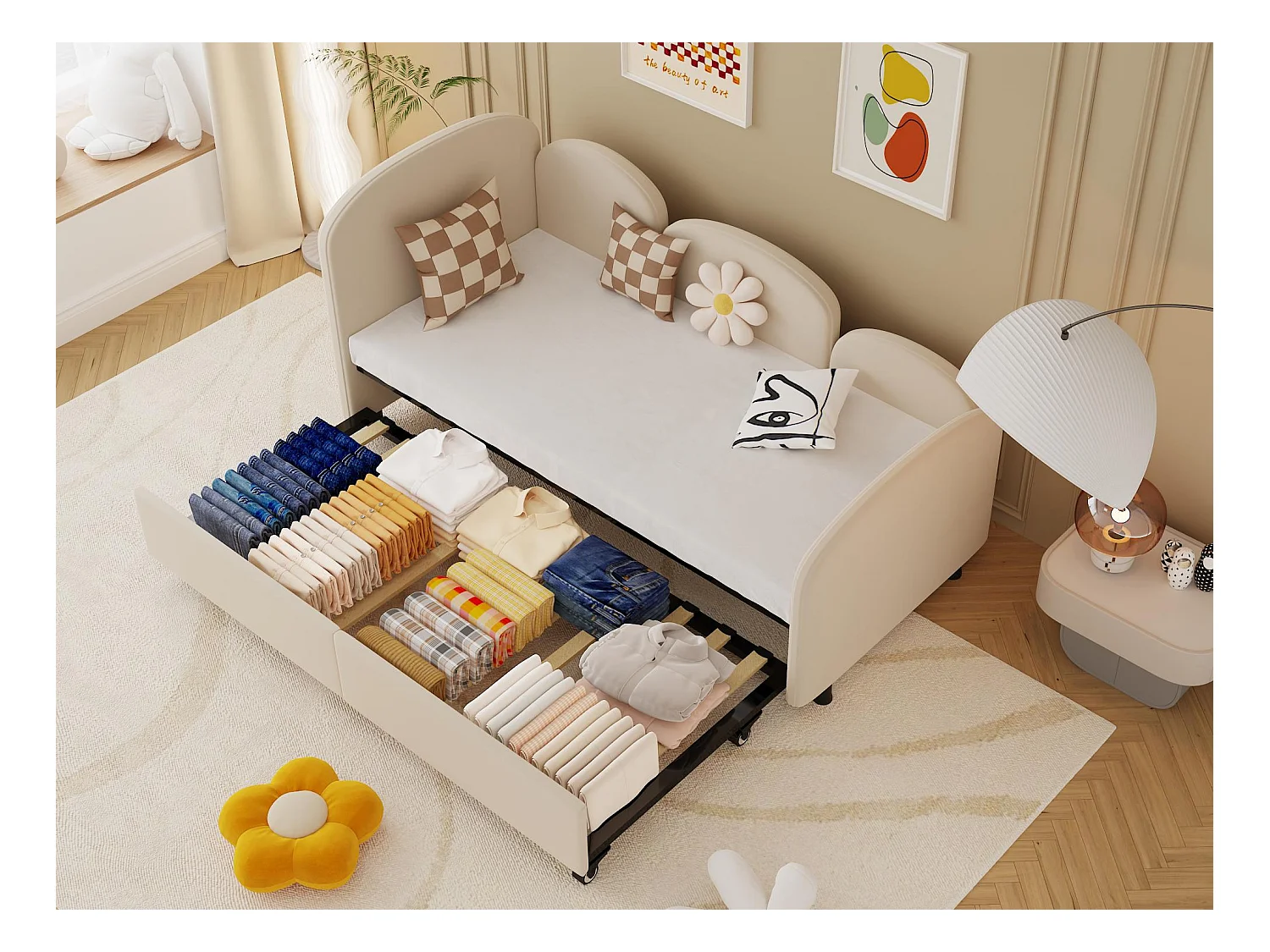 Lit Banquette Gigogne 90×200 cm Velours Beige – Design Pétale Doux - Tiroir Latéral sur Roulettes – Confort et Mobilité