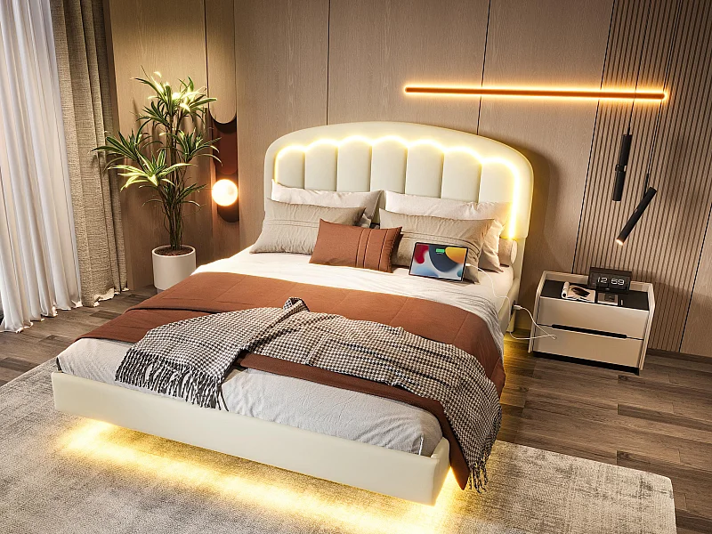 Lit Coffre Rembourré 140×200 cm PU – Effet Flottant du Cadre - Tête de Lit Pétale - avec LED – Ports USB/USB‑C – Rangement sous Sommier – Style Contemporain