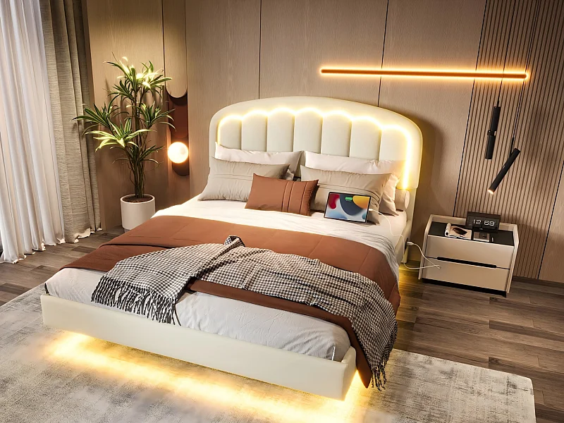 Lit Coffre Rembourré 140×200 cm PU – Effet Flottant du Cadre - Tête de Lit Pétale - avec LED – Ports USB/USB‑C – Rangement sous Sommier – Style Contemporain